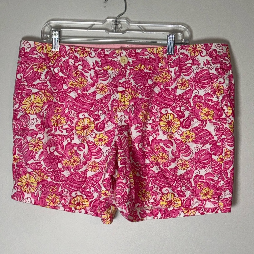 Lilly Pulitzer Pink and Yellow Bermuda Shorts Vibrant Floral Design